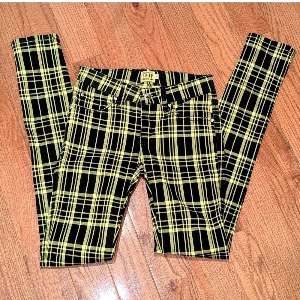 Y2K Punk Goth Tripp NYC Yellow Tartan Plaid Skinny Jeans Skull Rivets Size 0